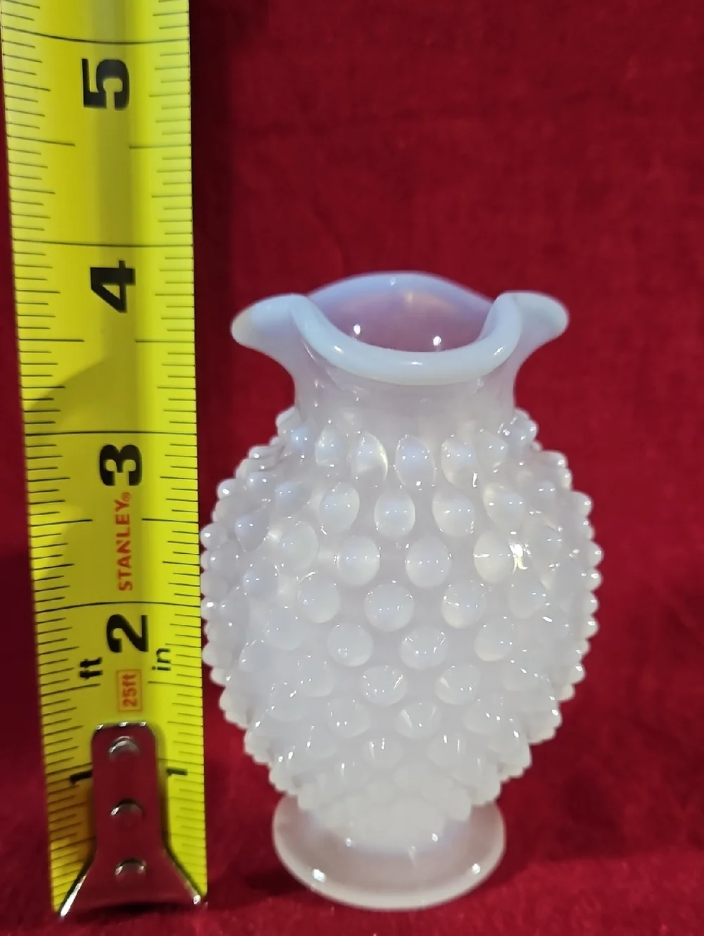 VTG Fenton French White Opalescent Translucent Hobnail Tricorn Crimped Rim Vase